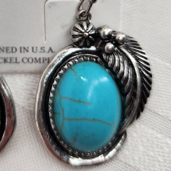 ICON Feather Framed Faux Turquoise Earrings NWT - Picture 4 of 4